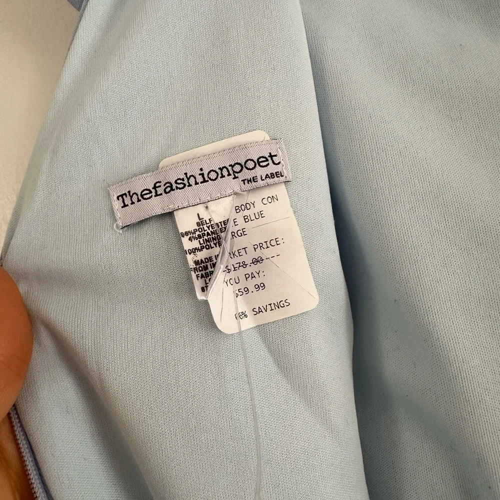 THE FASHION POET Bow Light Blue Bodycon Wedding Guest Dress | size large | NWT - Picture 6 of 6